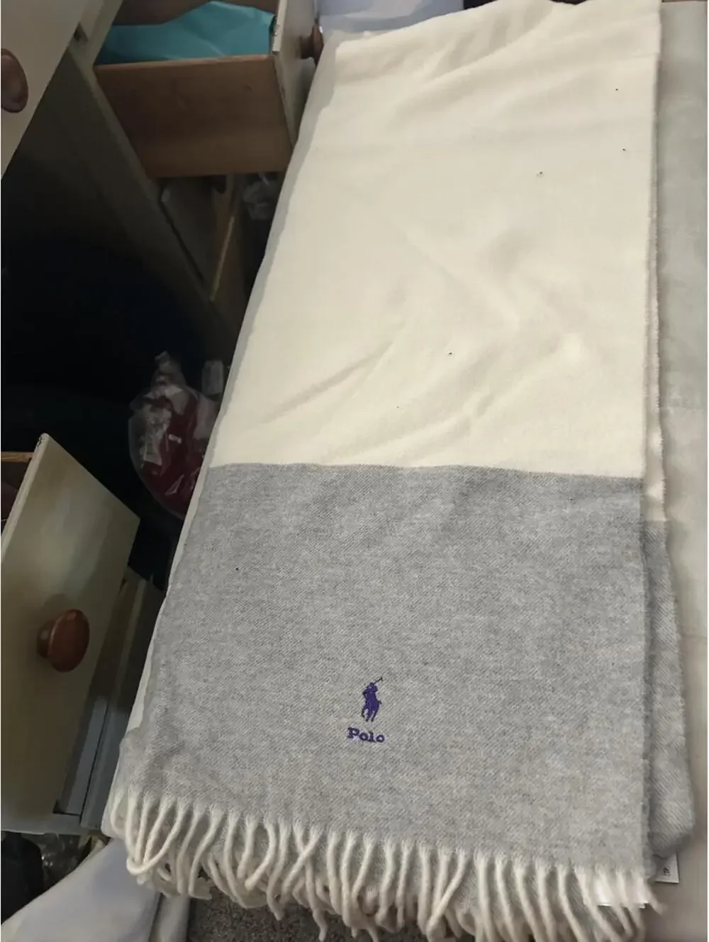 NWT Polo Ralph Lauren gray & white scarf with purple pony logo and fringe